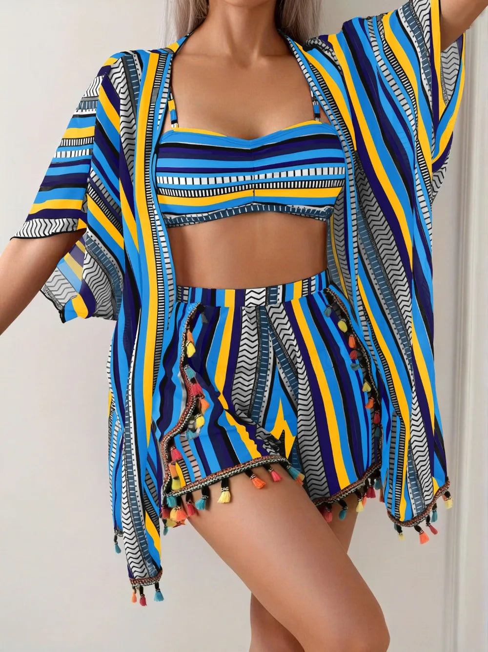 New sunscreen blouse sexy tassel bikini four-piece swimsuit women's suit