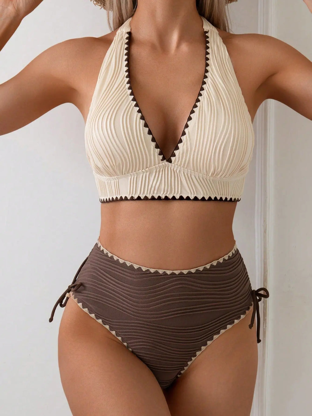 Sexy Khaki Patchwork Two Piece Bikini Set 2026 Women Push Up Drawstring Side High Waist Swimsuit Holiday Bathing Suit Swimwear